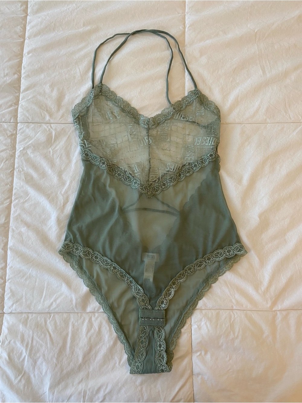 RARE VINTAGE Diesel Lace Trim Sheer Bodysuit in Sage Green Size SMALL